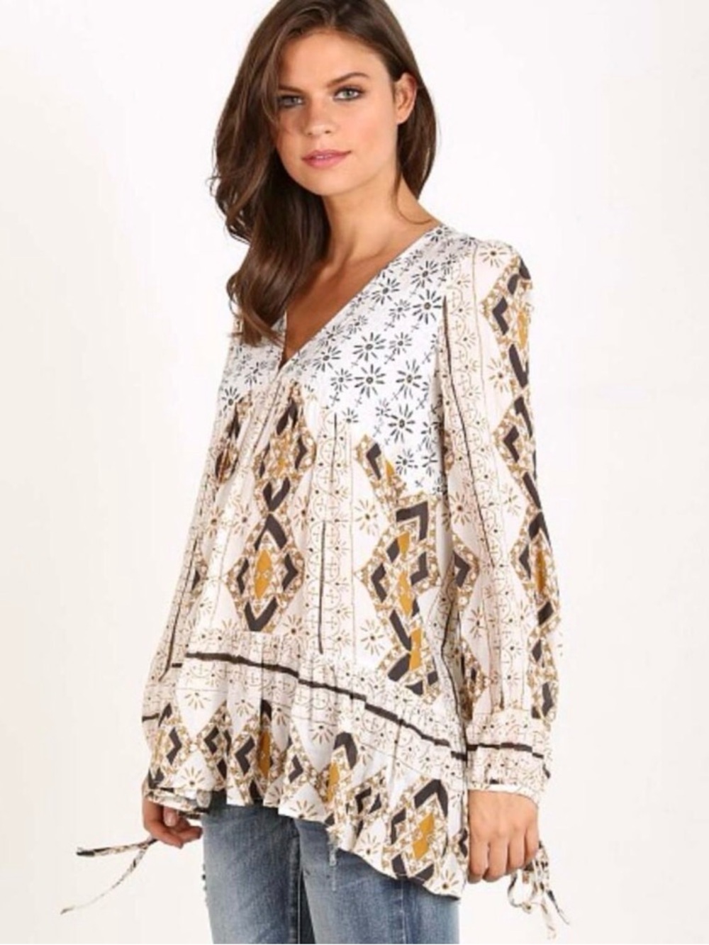 Free People Peasant Style Down by the Bay Tunic Ivory Combo Size Medium